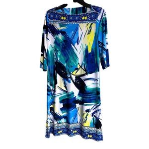 Kupcake Abstract Print Tunic Dress Women Medium Blue Green Yellow Boat Neck